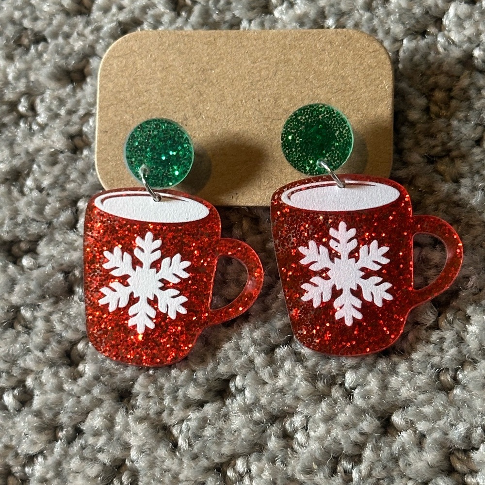 Red and Green Glitter Christmas Mug Earrings